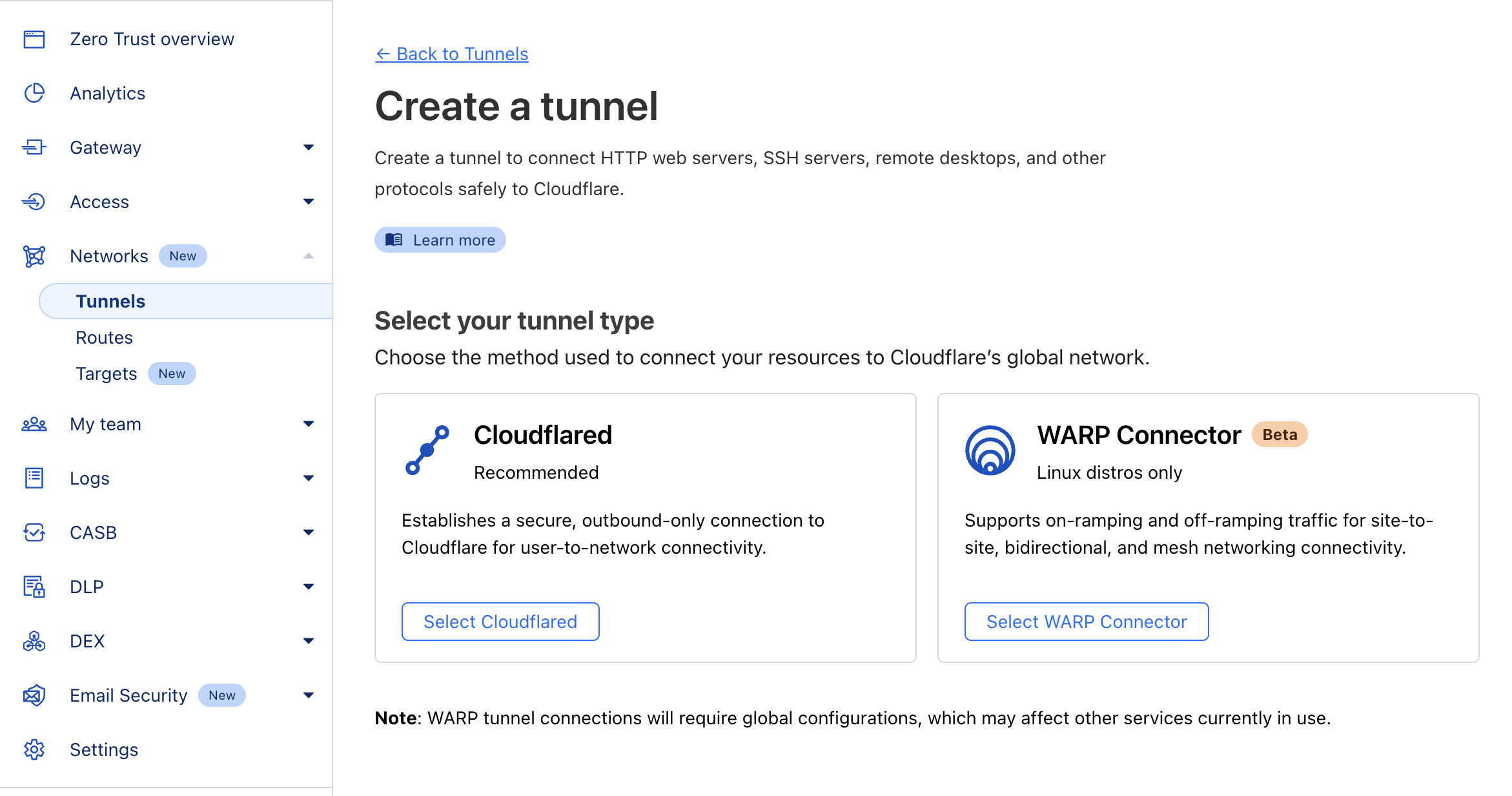 Cloudflare Tunnel作成画面